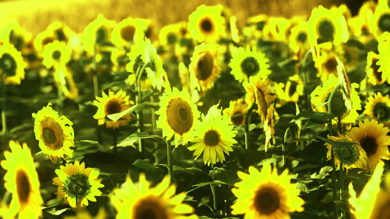 Bright sunflower field glowing under sunny skies during summer days