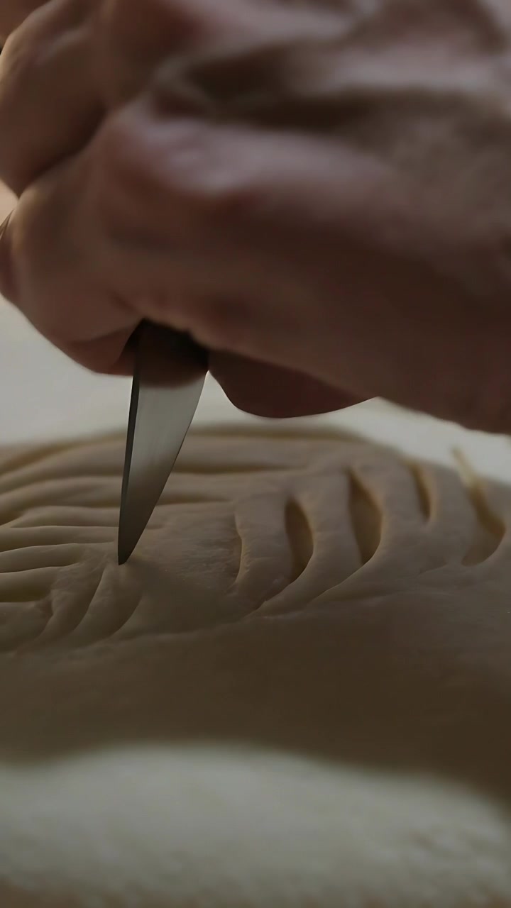Vertical video: Scoring dough in kitchen, paring knife touching, hand making cuts, forming design