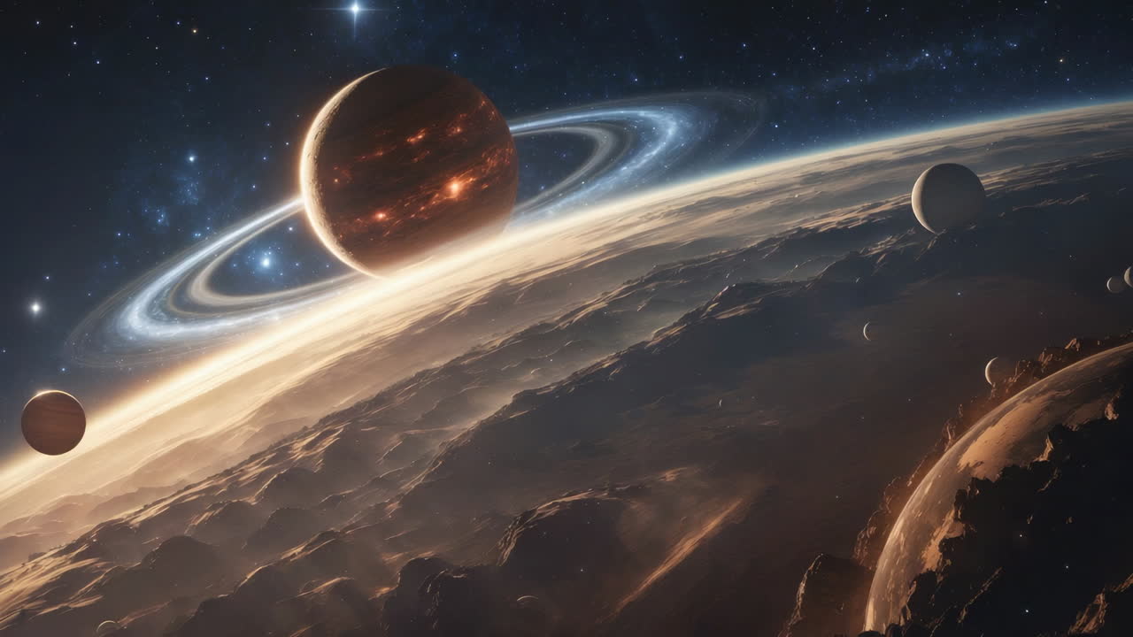 Stunning View of Ringed Planet and Moons in Deep Space