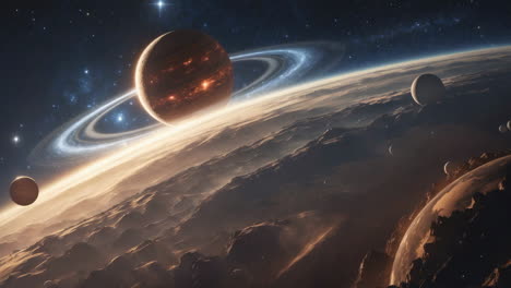 stunning view of ringed planet and moons in deep space