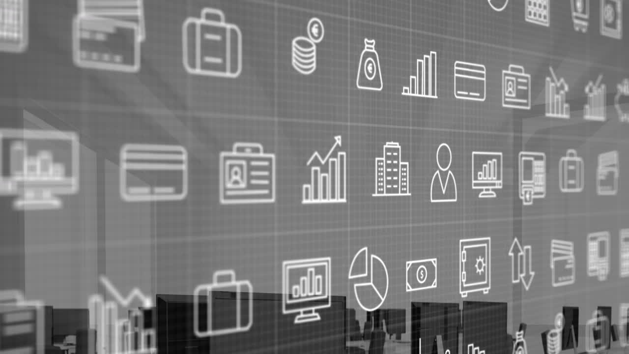animación de múltiples iconos digitales a través de la red de cuadrícula contra la oficina vacía.