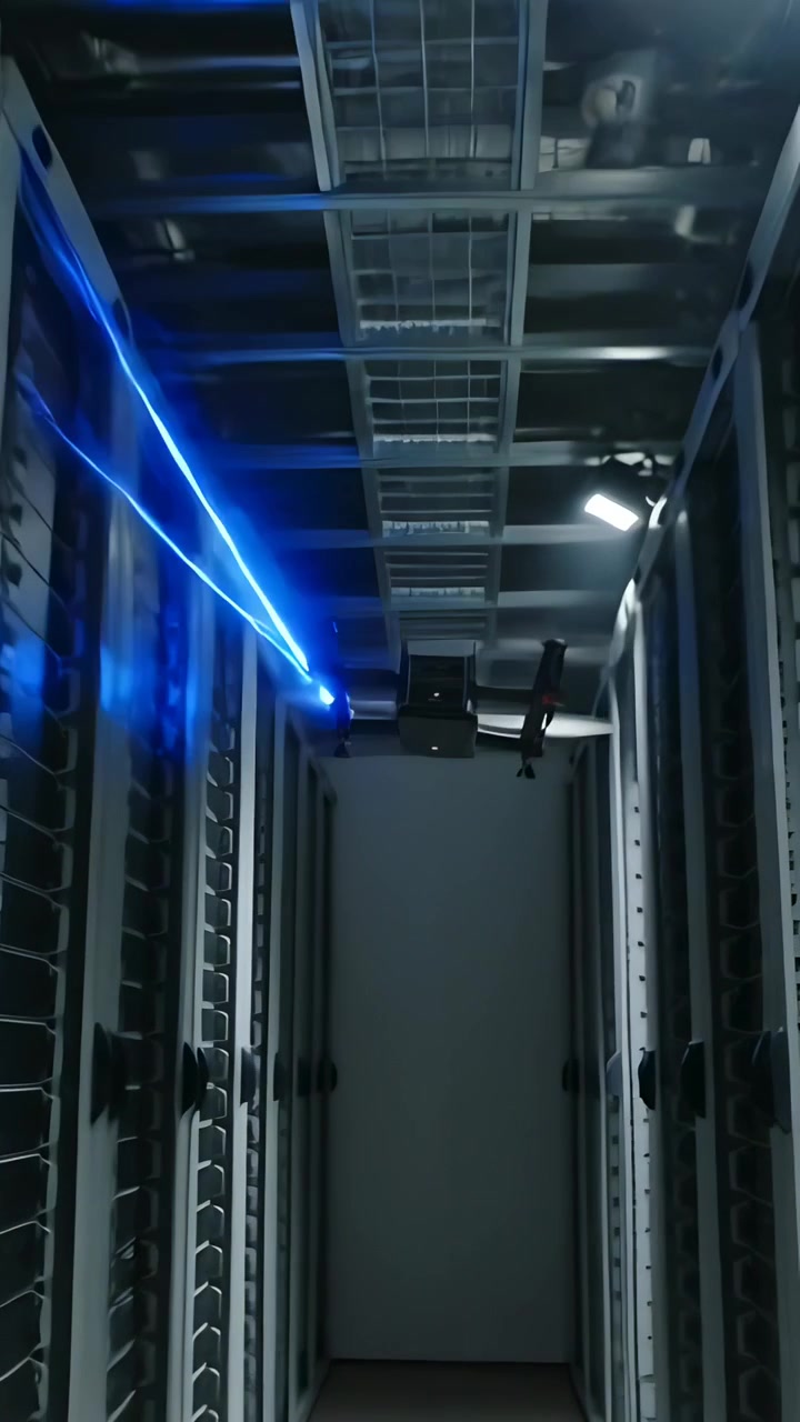 Vertical video: Entering small drone holding in rack aisle, emitting blue beam scanning left rack