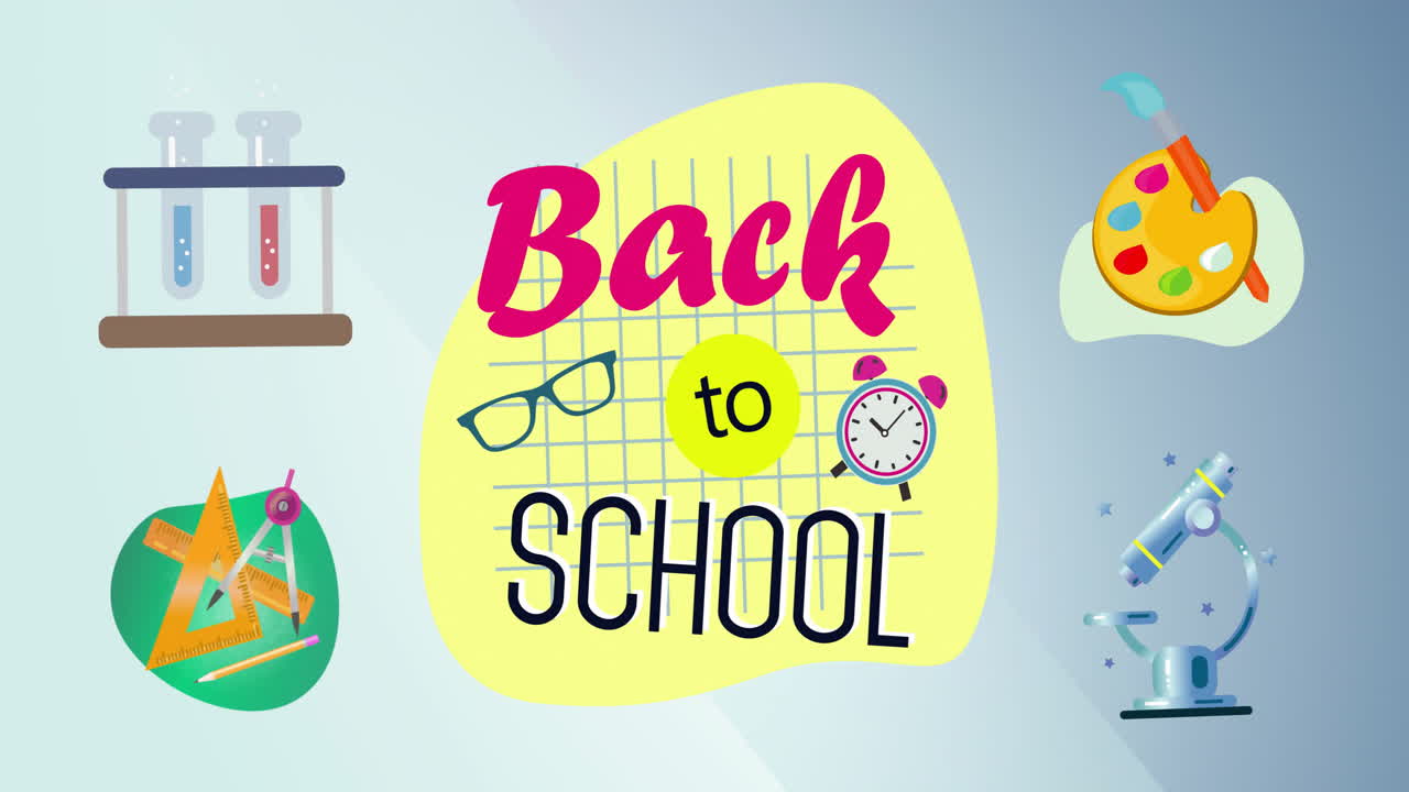 Back to School text animation with school supplies icons on light blue background