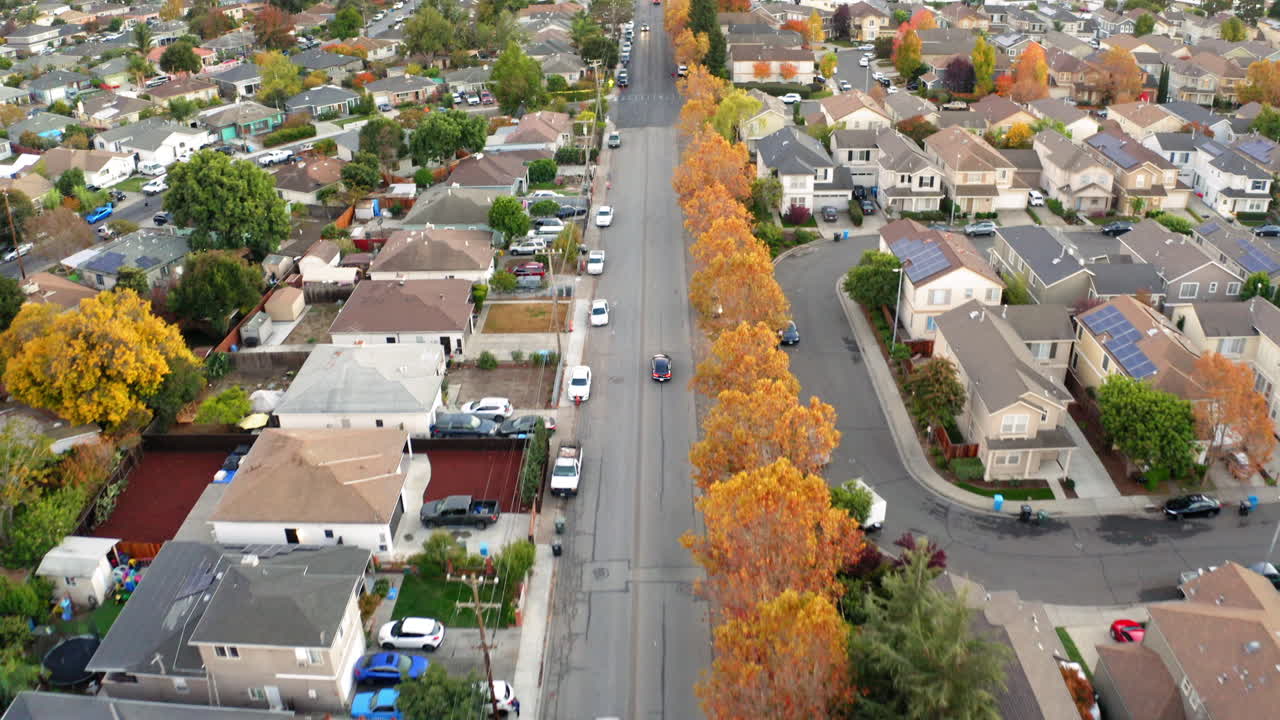 Aerial View of a Suburban Neighborhood with Autumn Trees