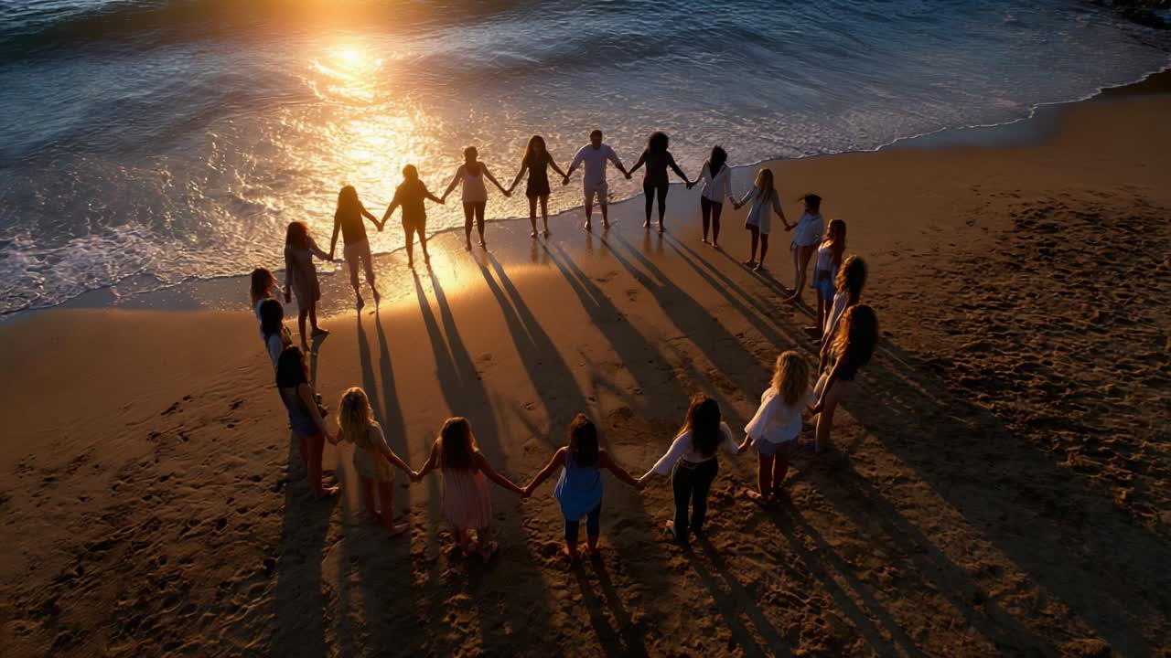 Group of people holding hands in a circle on the beach at sunset