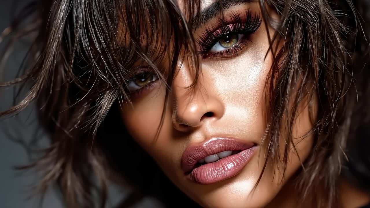 A close up of a woman with wet hair and makeup