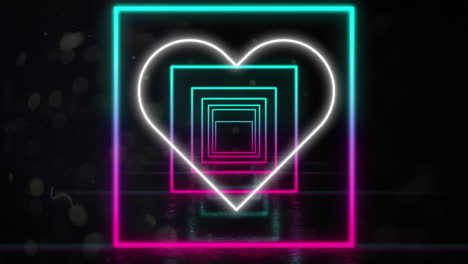 animación del icono del corazón de neón sobre el túnel en cuadrados de neón sobre fondo negro