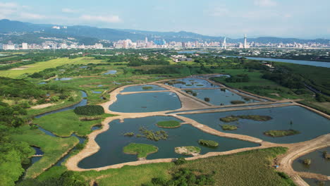 aerial shot of urban wetlands at guandu nature park, taipei, establishing shot