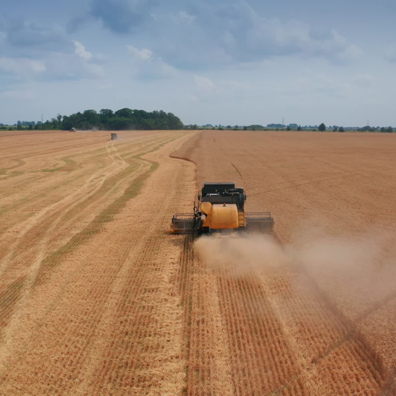 Little yellow harvester machine riding by the field and leaving the mowed trail. Approaching the combine from behind. Beautiful landscape at backdrop