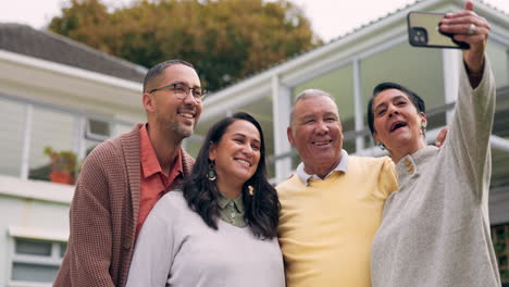 family, elderly parents and selfie in backyard