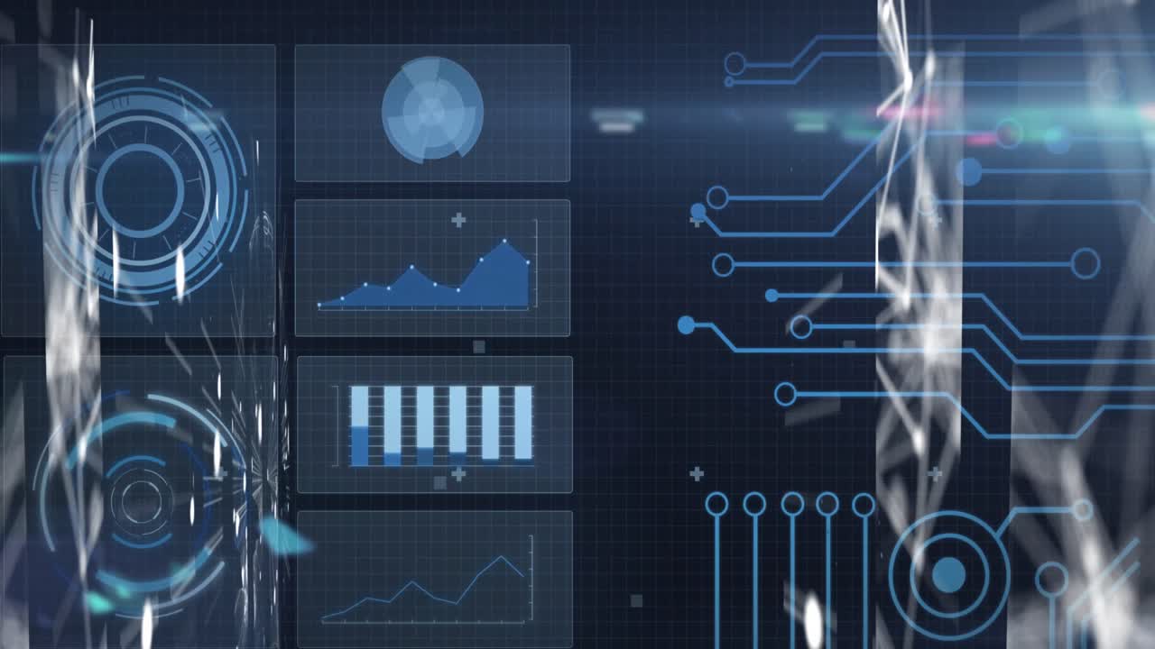 Animation of data processing with scope scanning on black background