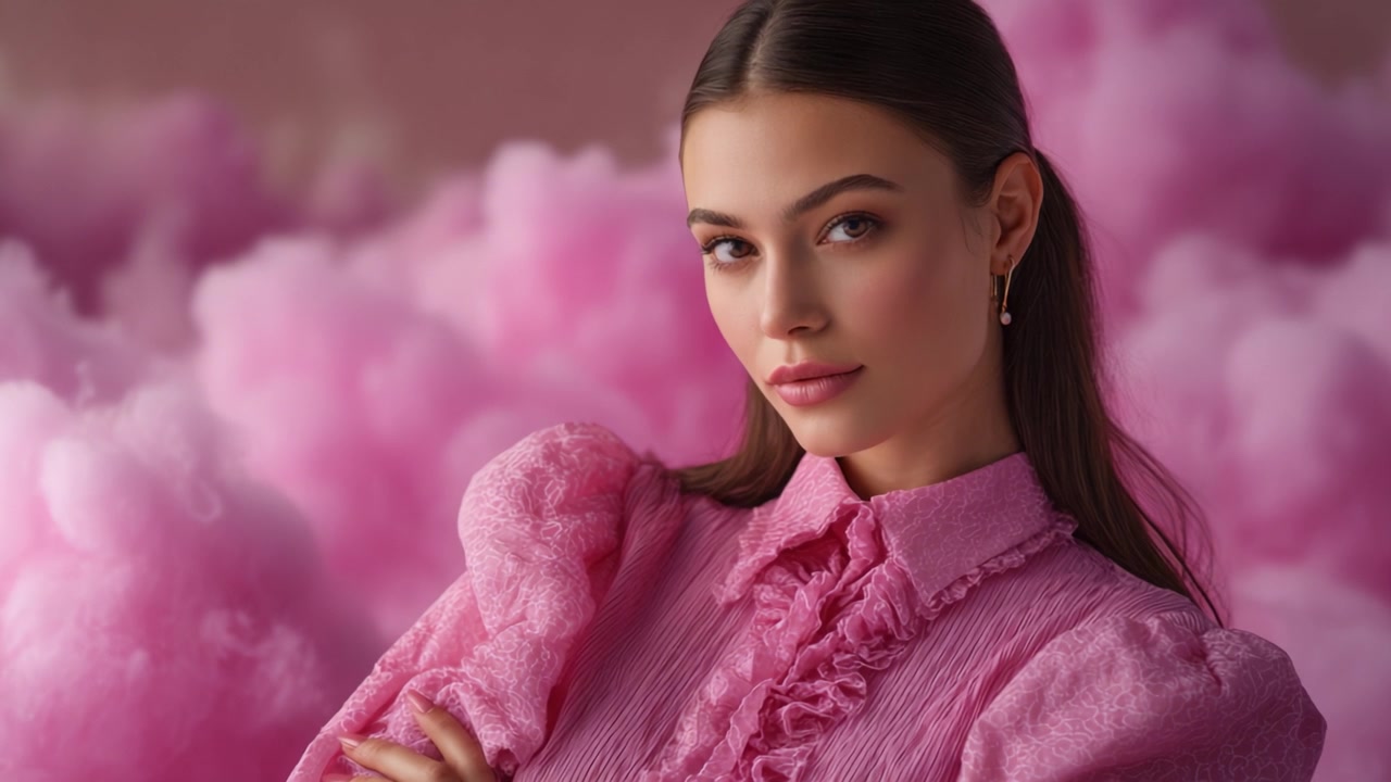 Ritratto accattivante di una donna con una camicetta rosa a balze circondata da soffici nuvole rosa che evocano un'estetica sognante e uno stile di moda elegante