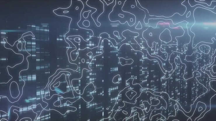 Digital Data Server Racks with Abstract Topographic Map Overlay