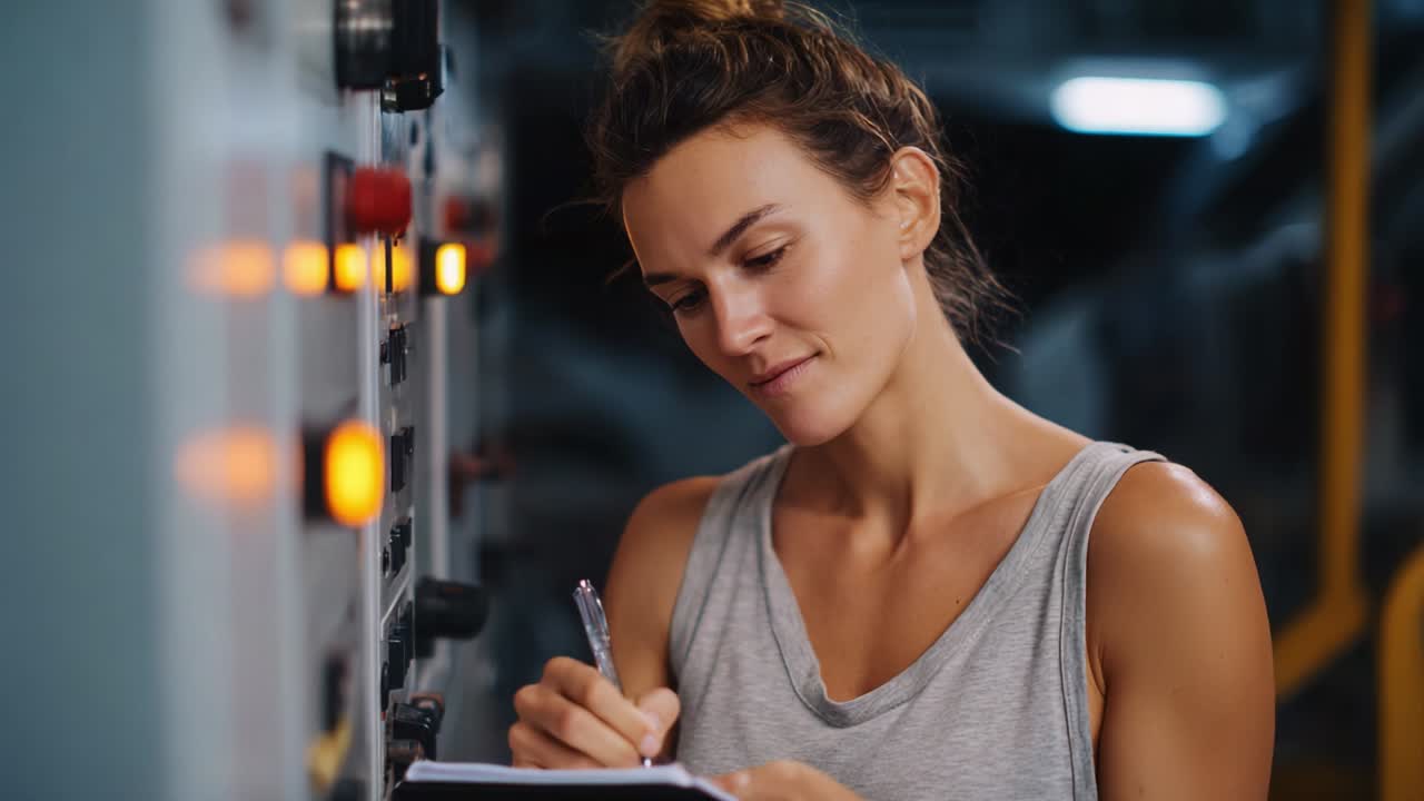 A focused woman engages in meticulous note-taking next to control panels, illustrating her dedication and attention to detail in a technical or industrial environment, balancing precision and confidence in her work