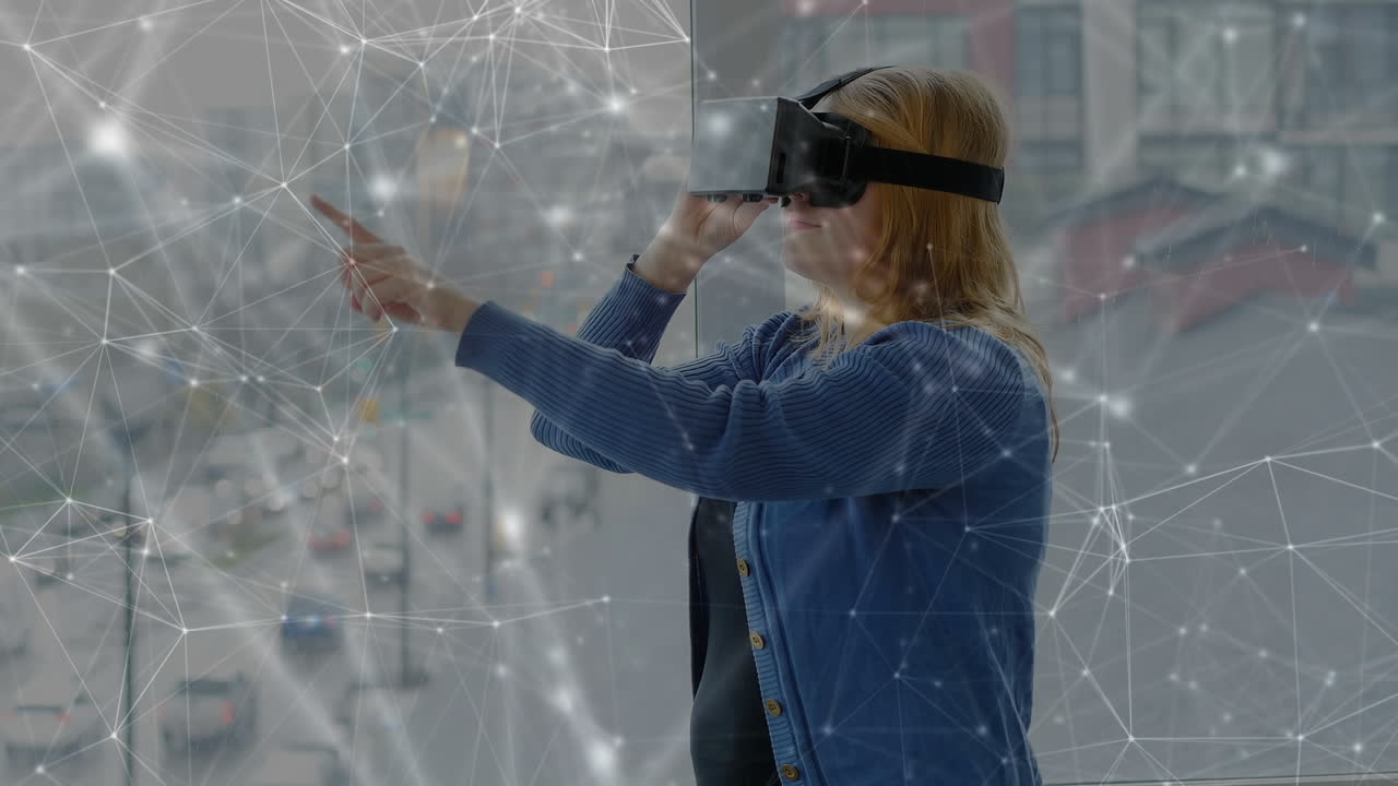 анимация сети соединений через кавказскую женщину с помощью vr-гарнитуры