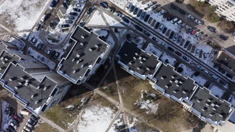 top aerial shot of residential apartment buildings block of flats of soviet period in vilnius