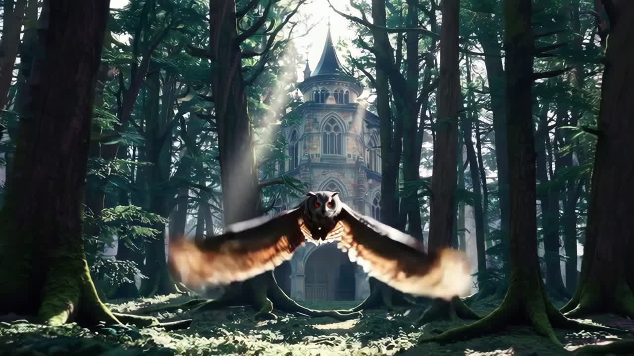 Owl in a mystical forest with a castle in the background