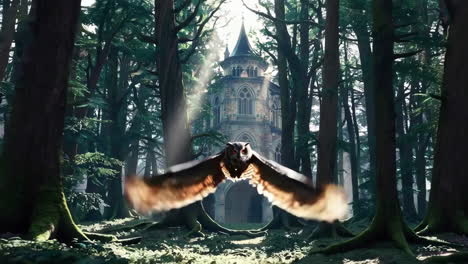 owl in a mystical forest with a castle in the background