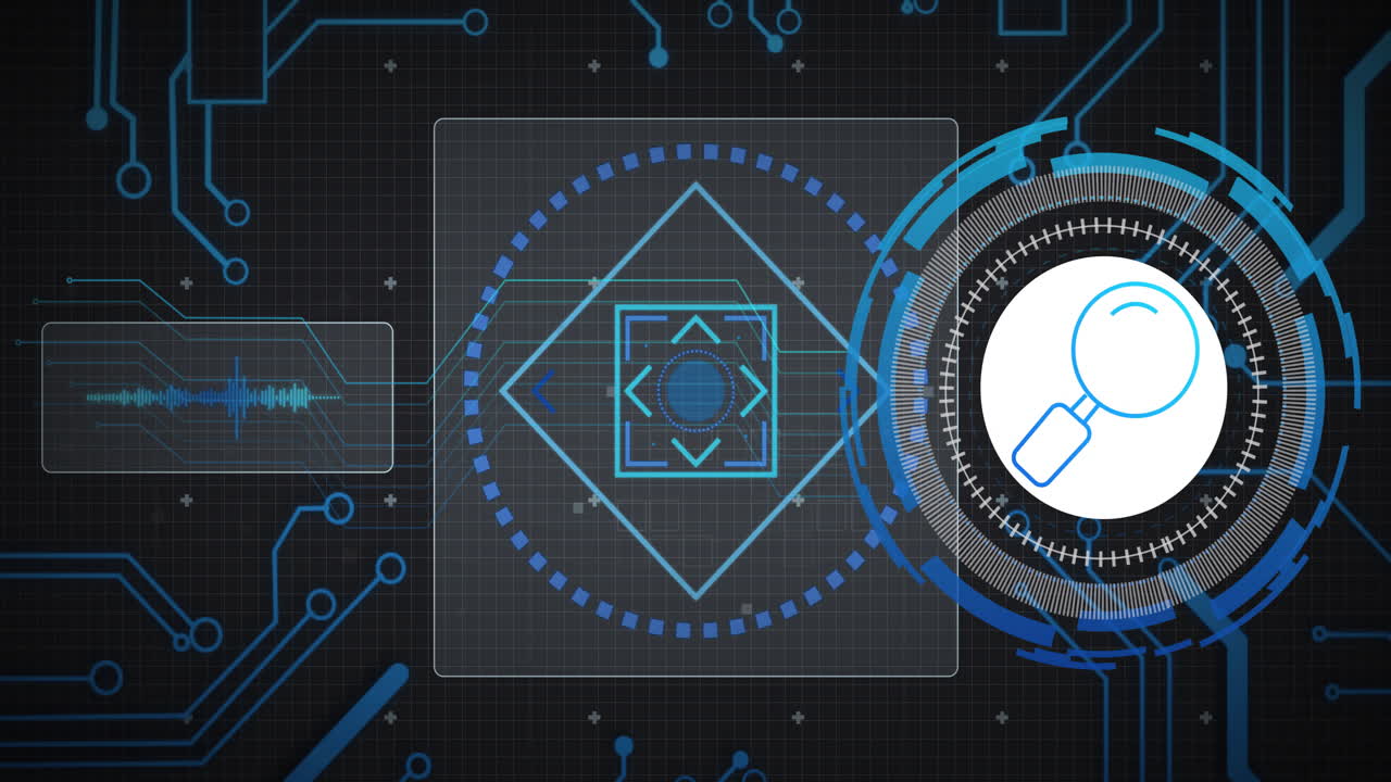Animation of motherboard network, search icon and circular scanners processing on black background
