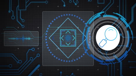 animation of motherboard network, search icon and circular scanners processing on black background