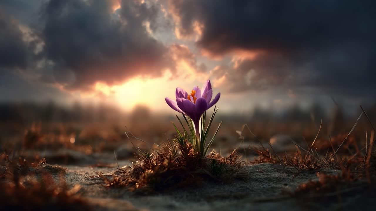 A Beautiful Crocus Flower Blooming Against a Dramatic Cloudy Sky at Sunset, Symbolizing Resilience and New Beginnings in Nature's Splendor