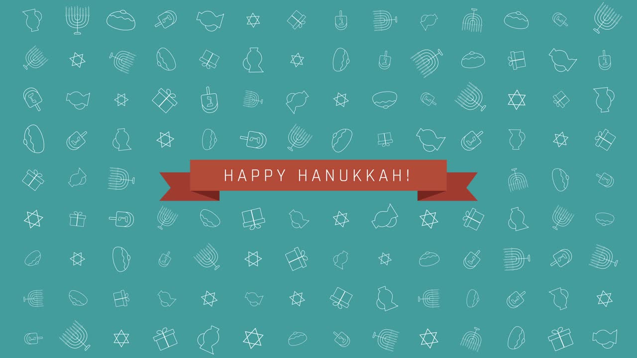 하누카 휴가 플래트 디자인 애니메이션 배경과 전통적인 기호와 영어 텍스트