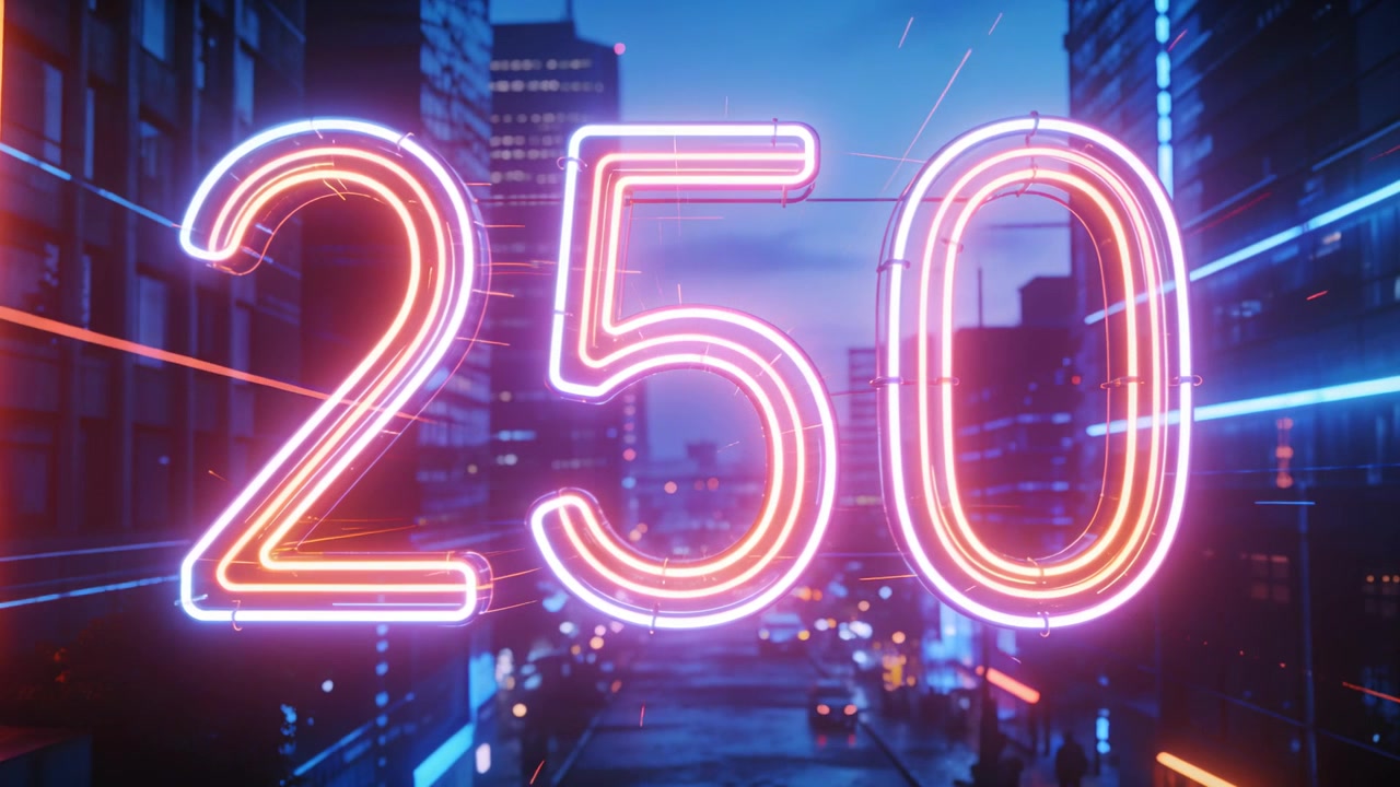 Numeri al neon pulsanti 250 che emettono scie luminose mentre la telecamera si ritrae, rivelando una strada cittadina.