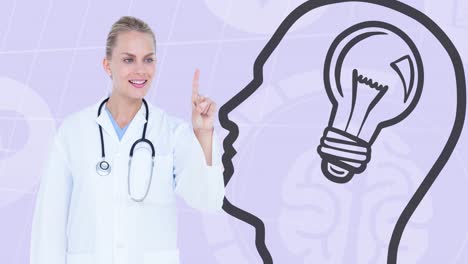 Animation-of-caucasian-female-doctor-and-head-with-light-bulb-icon-over-data-processing