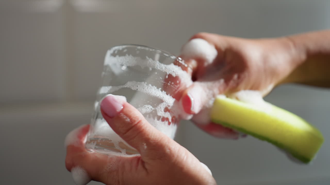Close up of someone thoroughly cleaning glass cup with foamy sponge using hands carefully focusing on cleanliness hygiene neatness showing dedication to household chores