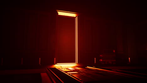 glowing door in a dark room