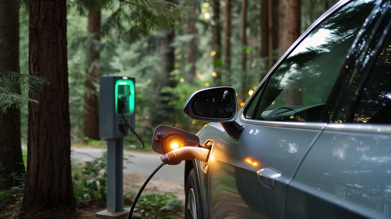 Silver electric car charges beside forest path. Green light glows on charging station. Tree-lined background bathed in soft dusk. Vehicle's sleek design catches ambient glow
