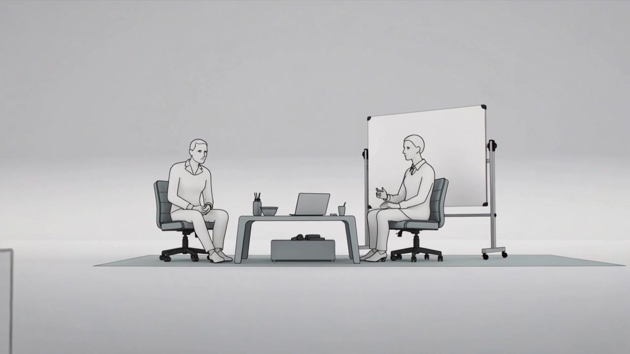 La caméra zoome, rapprochant deux employés en chemise dans un bureau, alors qu'ils discutent d'un ordinateur portable à évaluer.
