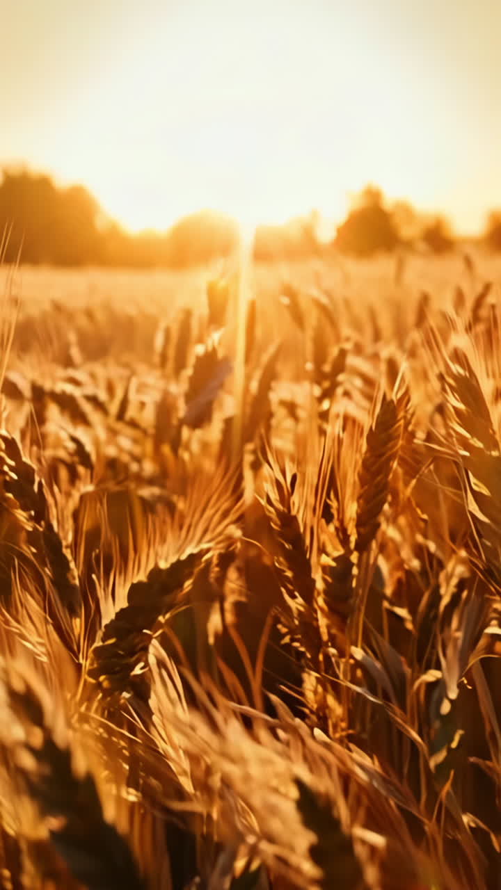 A field of golden wheat with the sun shining on it. The sun is setting in the background, creating a warm and peaceful atmosphere