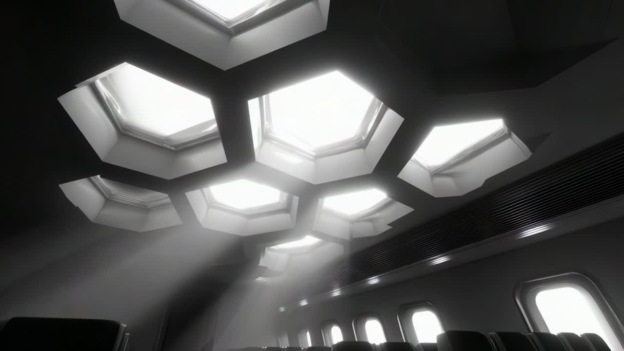 Vista spettacolare dell'interno della cabina di un aereo caratterizzata da lucernari esagonali unici che illuminano lo spazio con luce naturale, creando un'atmosfera invitante e moderna per i passeggeri