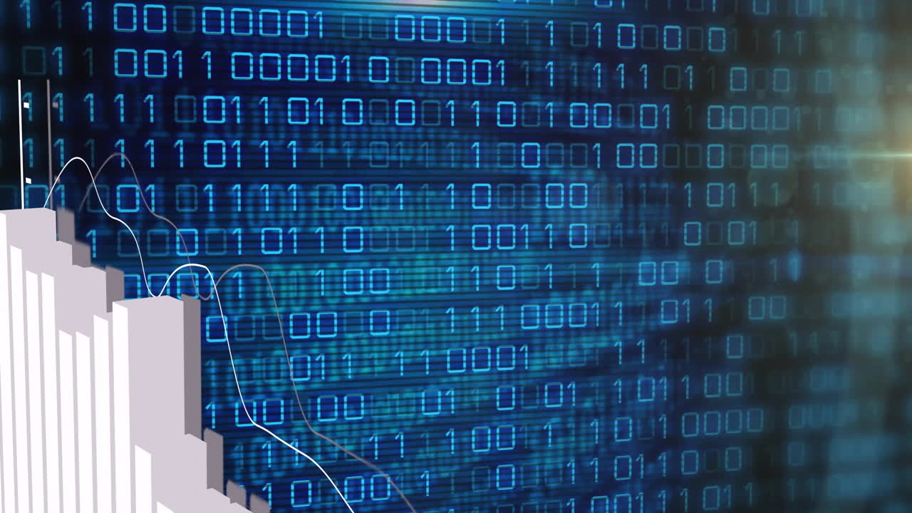 Animation of binary coding and financial data processing over dark background