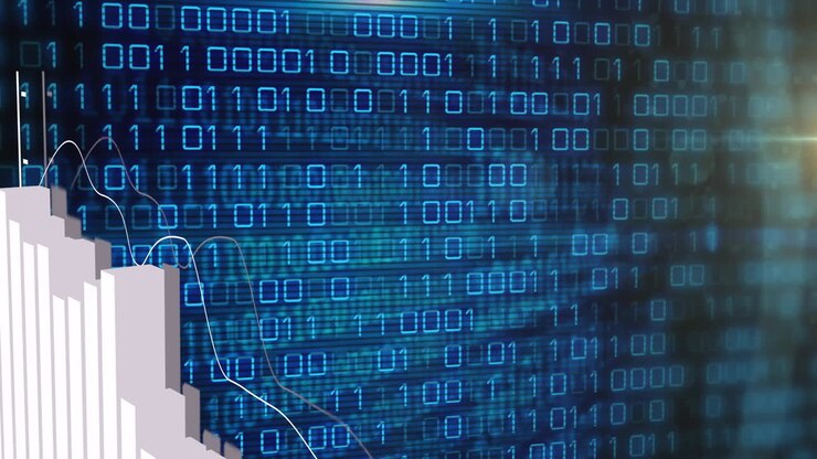 Animation of binary coding and financial data processing over dark background