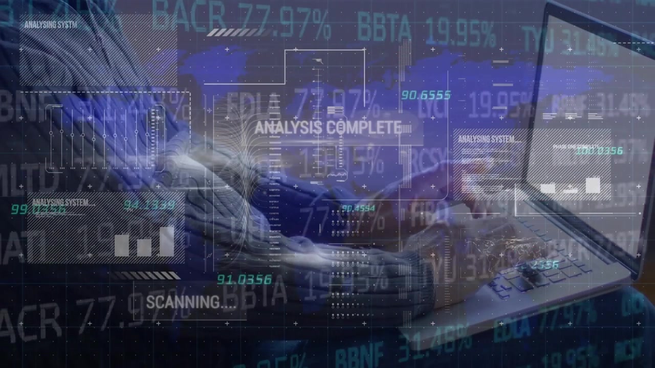 Animation of data processing over hands using laptop