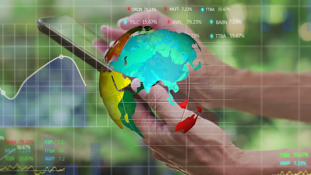 animación del globo y la mano de una mujer caucásica sosteniendo una tableta sobre gráficos financieros