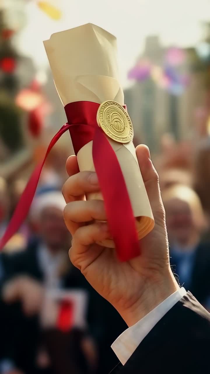 Vertical video: Raising hand in suit showing scroll at plaza as crowd cheering ribbon and gold seal