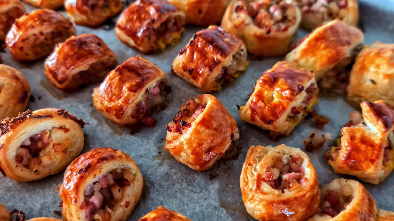 Freshly baked bacon rolls on a tray, creating a warm, homemade feel
