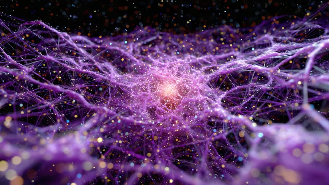 A mesmerizing cosmic web, depicting the intricate structures of purple and cosmic dust particles swirling together, creating a stunning visual representation of the universe's beauty