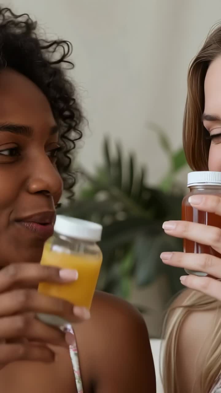 Two Happy Young Women Clinking Wellness Shots Together