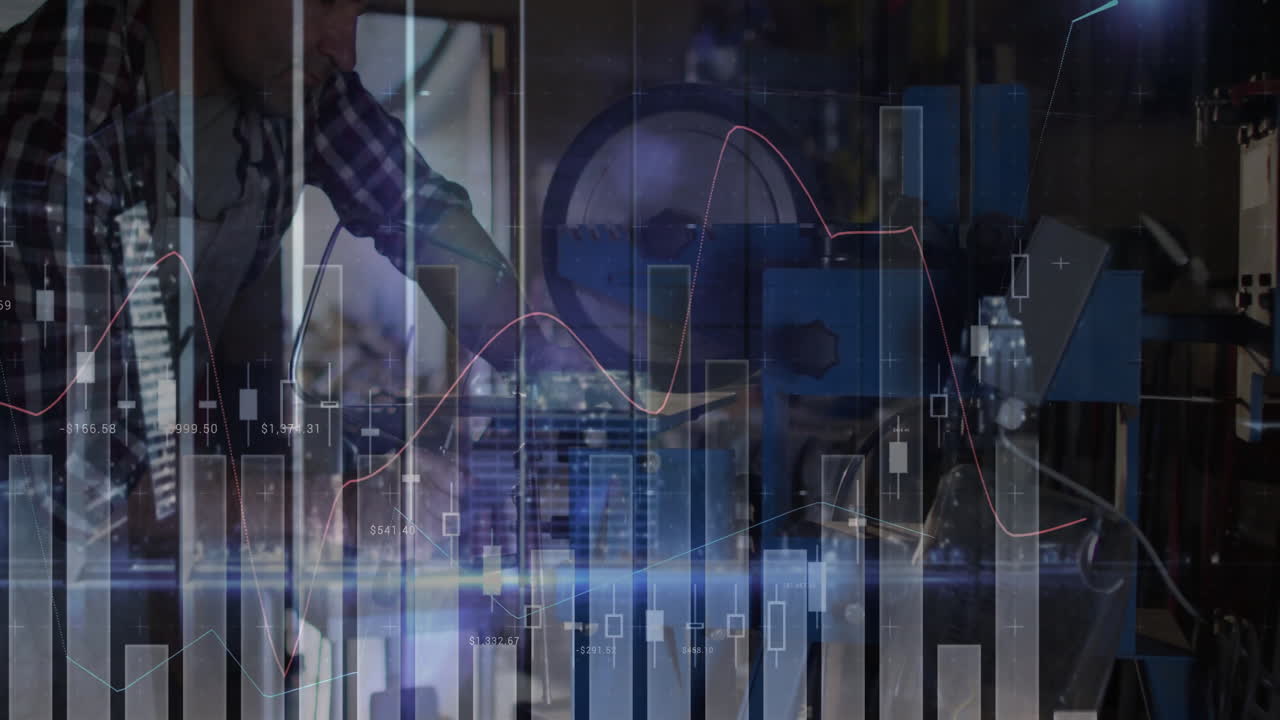 Mature technician operating industrial lathe, showing finance candlestick charts and line graphs