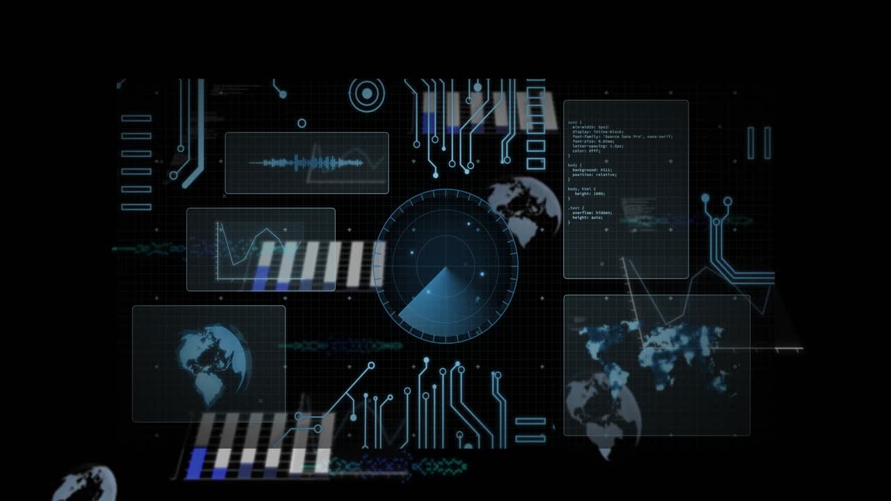 Circuit lines sweeping in revealing rotating globe and data panels updating for interface load
