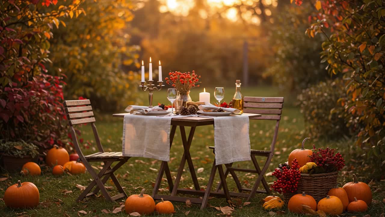 Cozy Autumn Outdoor Dinner Setting with Pumpkins and Fall Decor