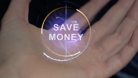 save money text hologram on a female hand