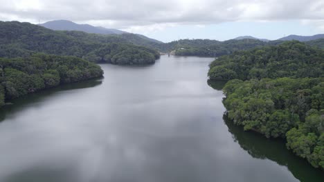 lake morris with tranquil water and lush vegetation in north queensland, australia - aerial drone shot