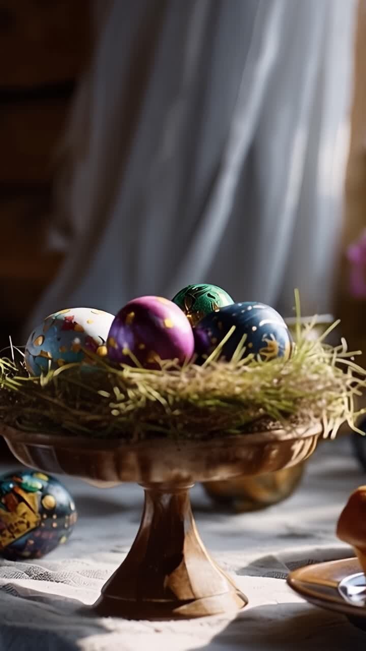 A Beautiful Display of Colorful Easter Eggs Nestled in Green Grass on a Wooden Plate Surrounded by Delicious Muffins and a Warm, Inviting Atmosphere
