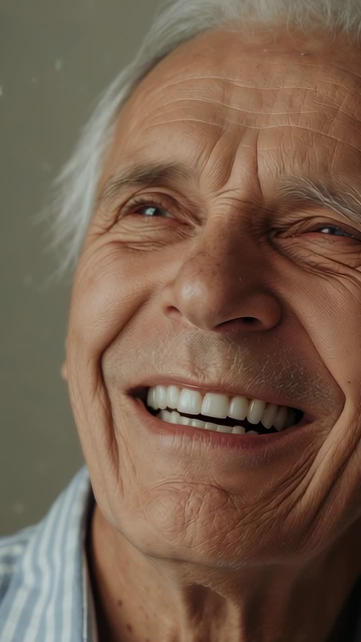 Video verticale: uomo anziano sorridente che risponde a un input, accentuando il sorriso in una stanza, con una camicia a righe