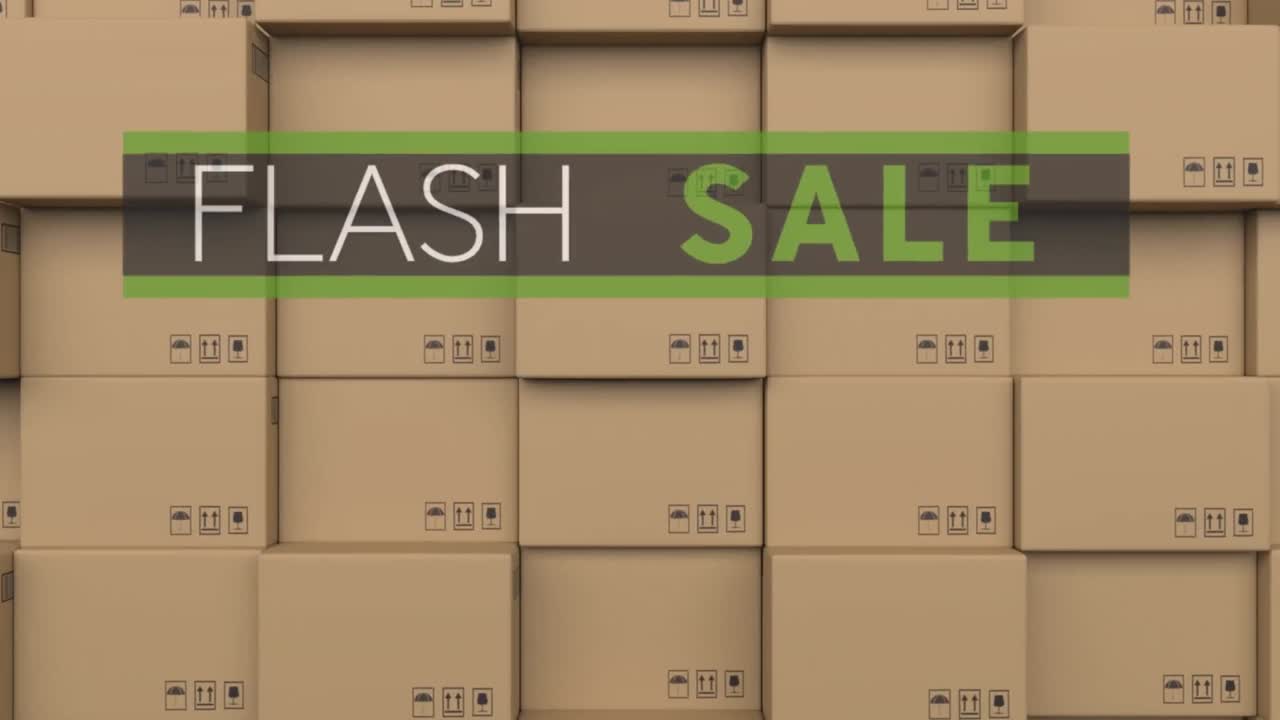 Animation of flash sale text over stack of cardboard boxes